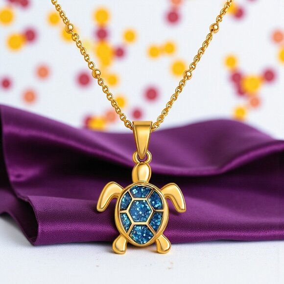 🆕️ Boho Chic Turtle Pendant Necklace 18K Gold Plated Stainless Steel Blue - Picture 1 of 11